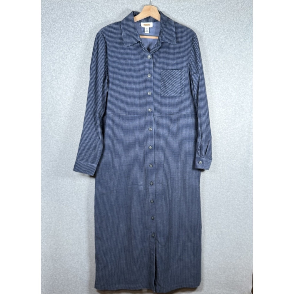 Talbots micro corduory maxi button up dress womens 12 blue plaid cotton vintage